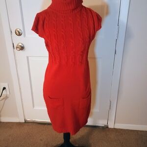 Red Cable Knit Turtleneck Dress